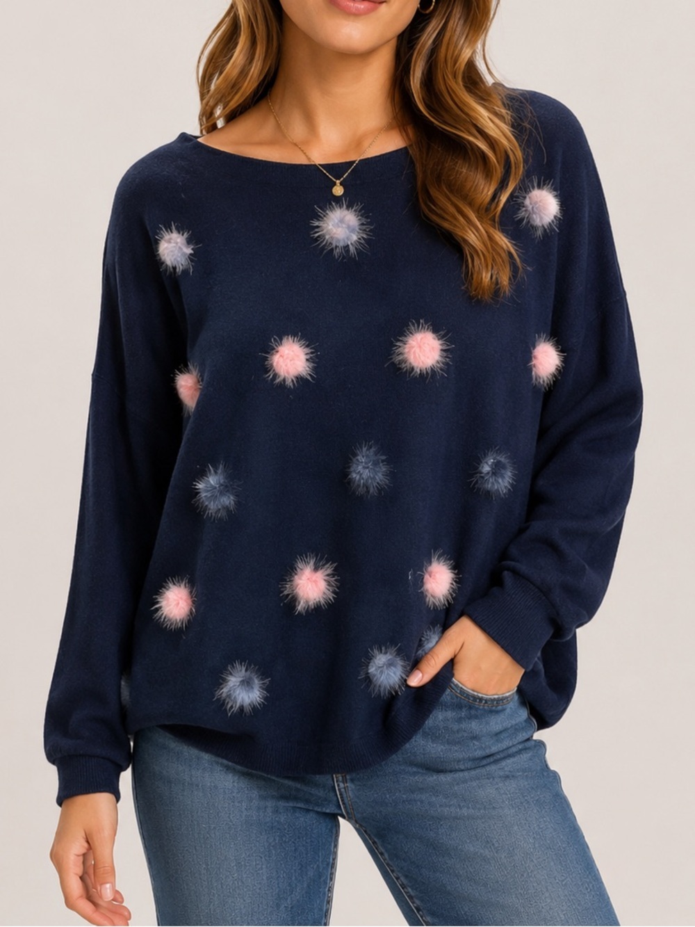 Louis Six Navy Blue Pom Pom Boatneck Sweater - L/XL - Festive & Chic